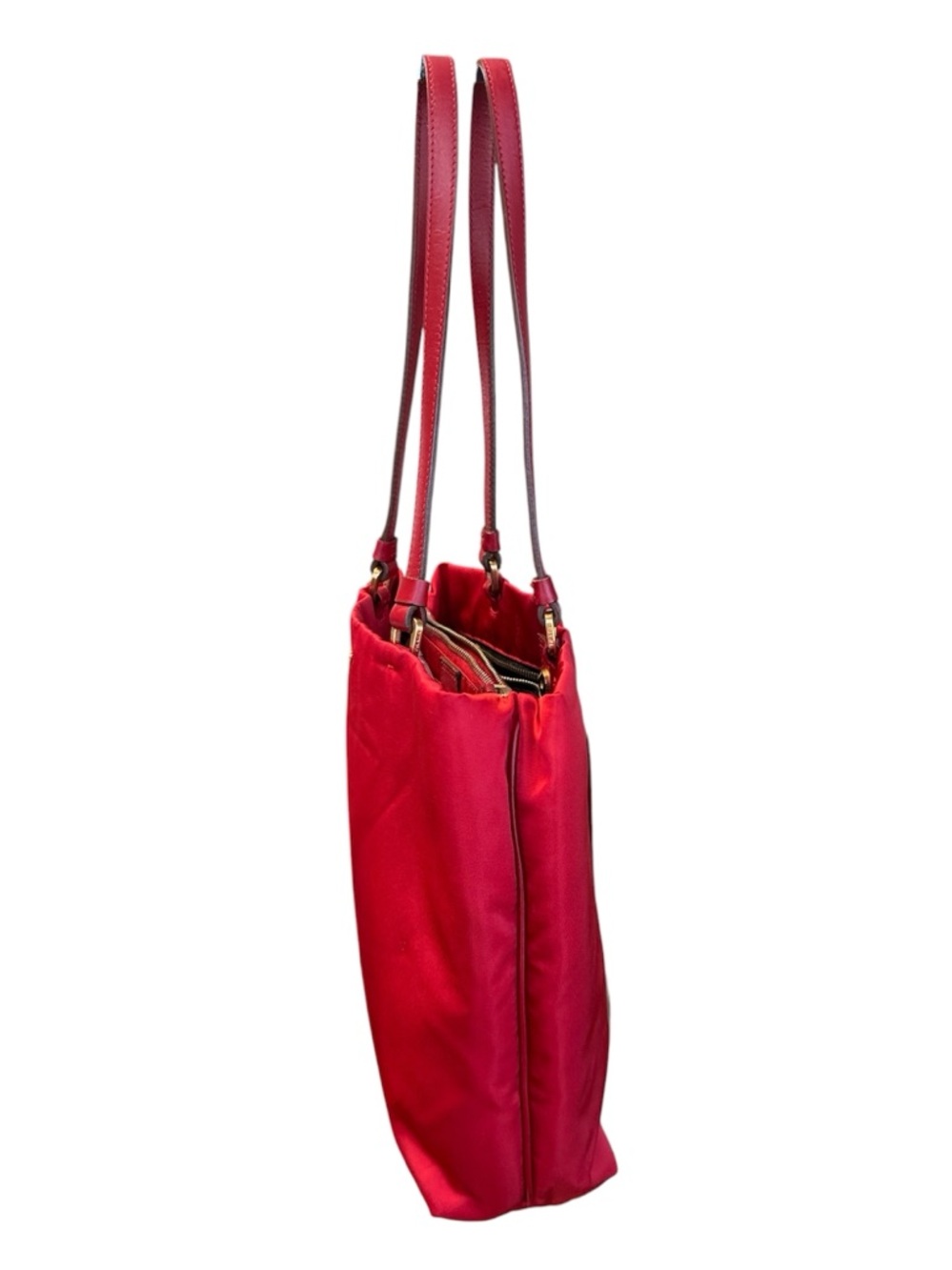 Prada Tessuto Nylon & Leather Shoulder Tote Bag Red & Gold - Picture 3 of 12
